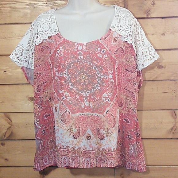 Style & Co | Tangerine Semi Sheer Dolman Top Crochet Yoke L - Picture 1 of 3